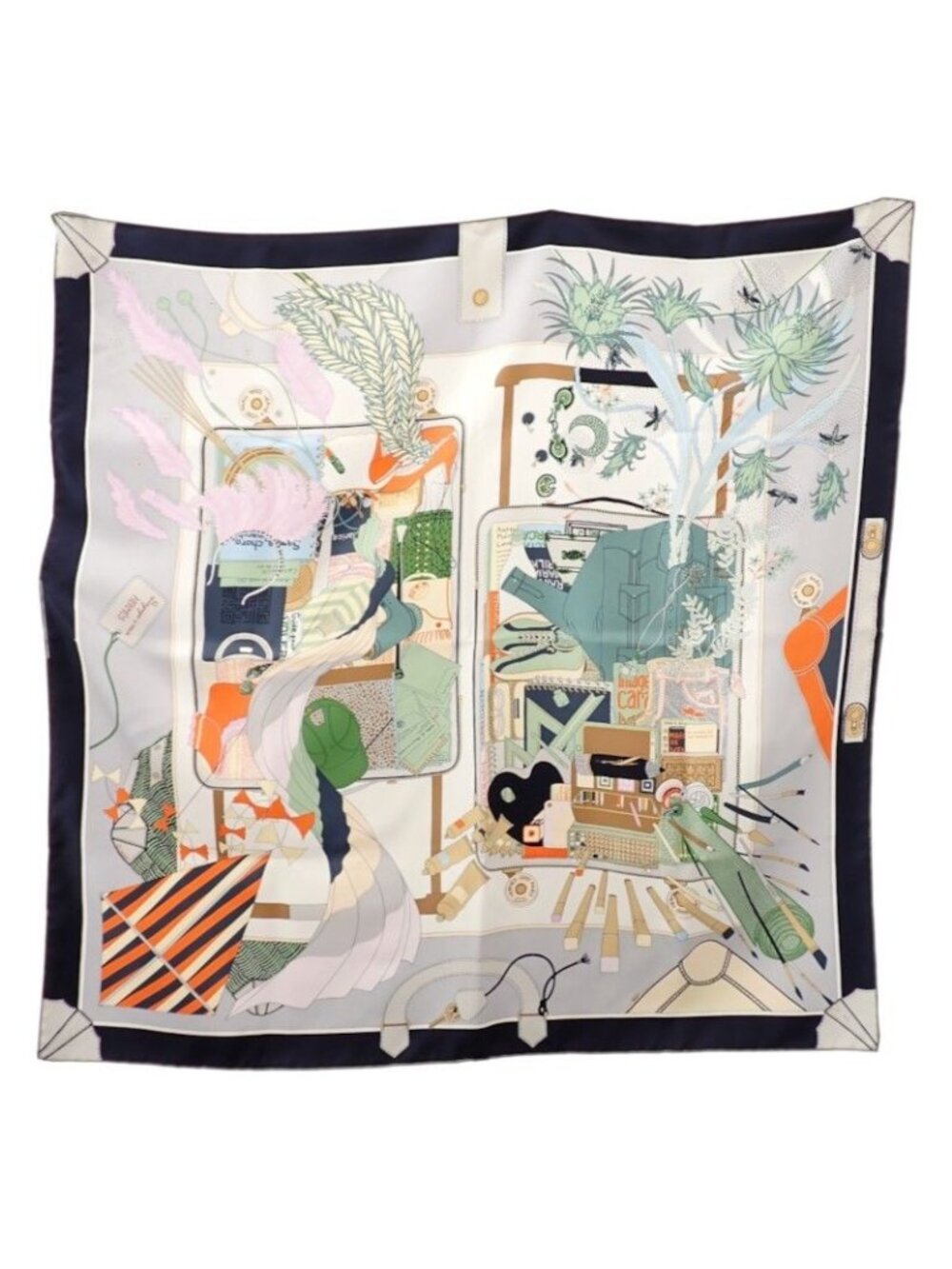 Hermes Carre 90 Bagage Silk Gray Clair Vert Multicolor Scarf